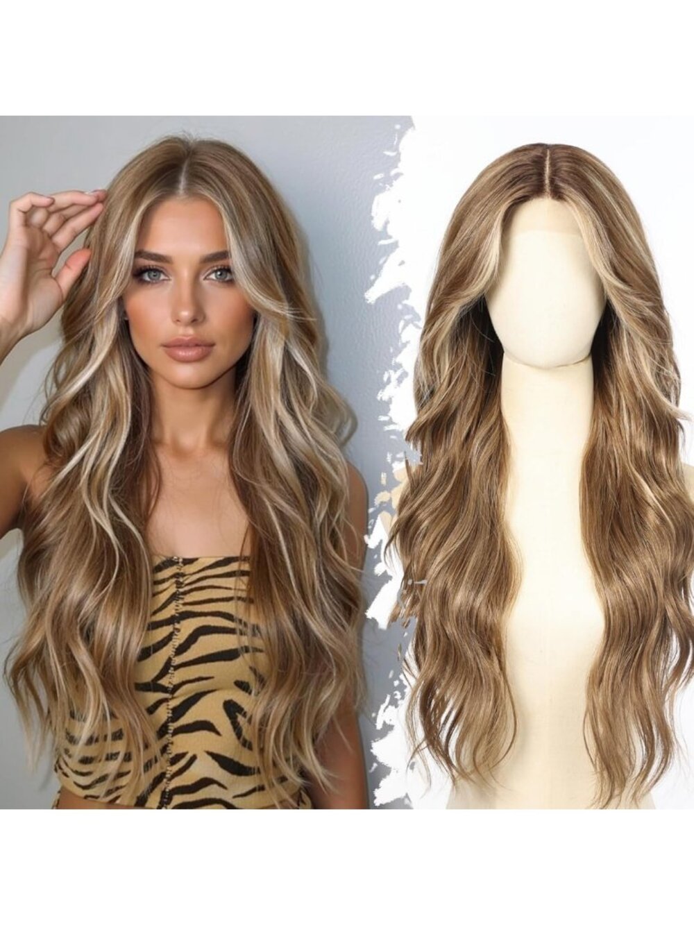Long Ash Brown Body Wavy Lace Front Wig with Bangs - 28" T-Part Glueless Cosplay